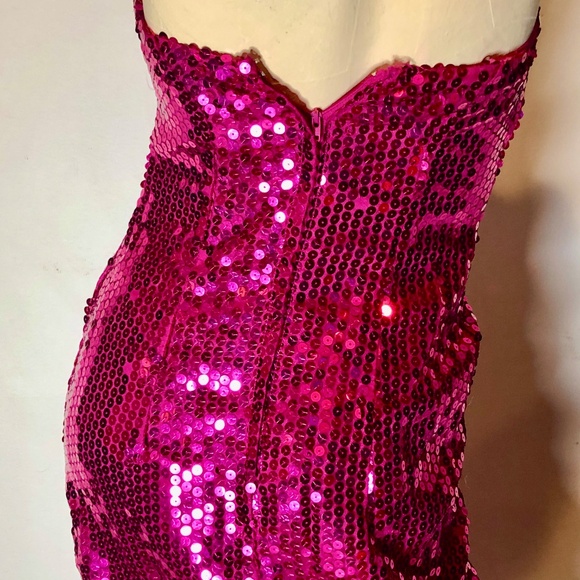 Vtg 80s Sequined Fuchsia Pink w/Silver Strapless Wiggle Evening Pageant Gown~2 - Picture 3 of 13